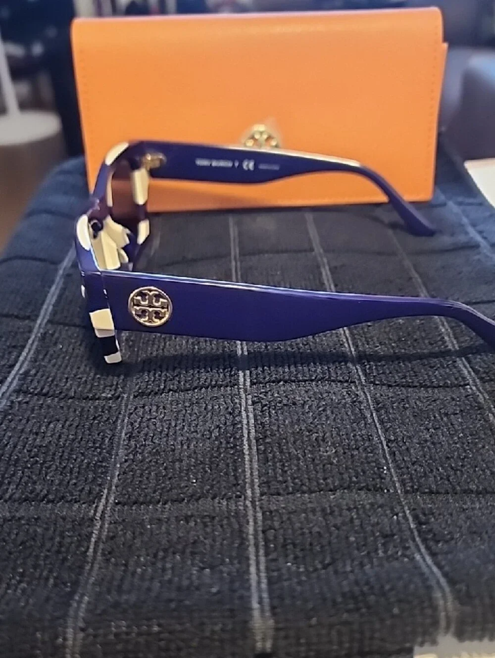 Tory Burch Blue and White Striped Sunglasses with Orange Case